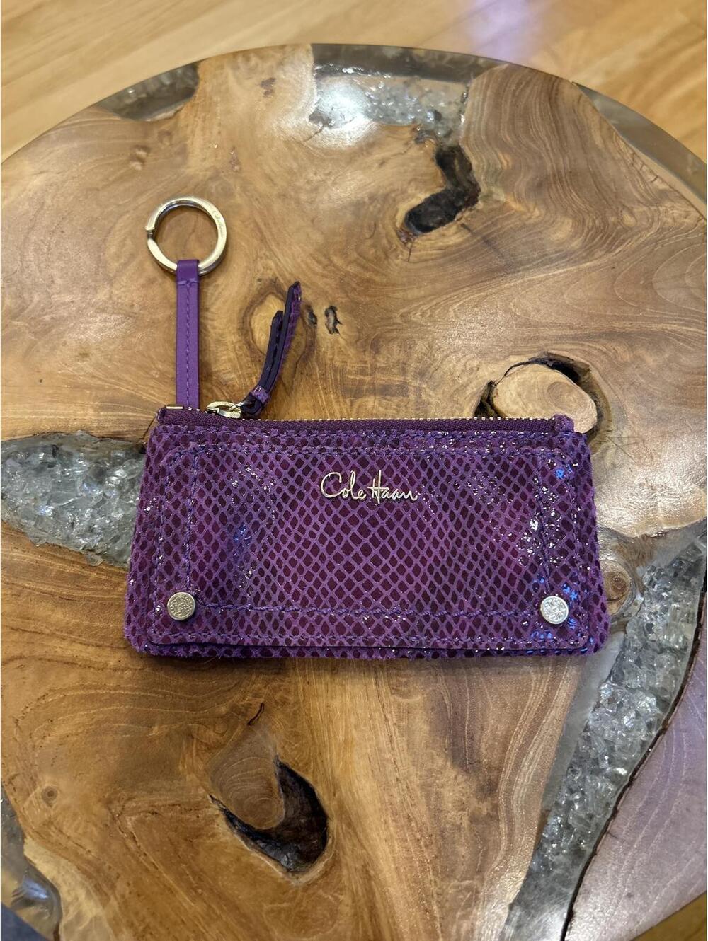 Cole Haan Purple Textured Leather Card Wallet with Key Ring